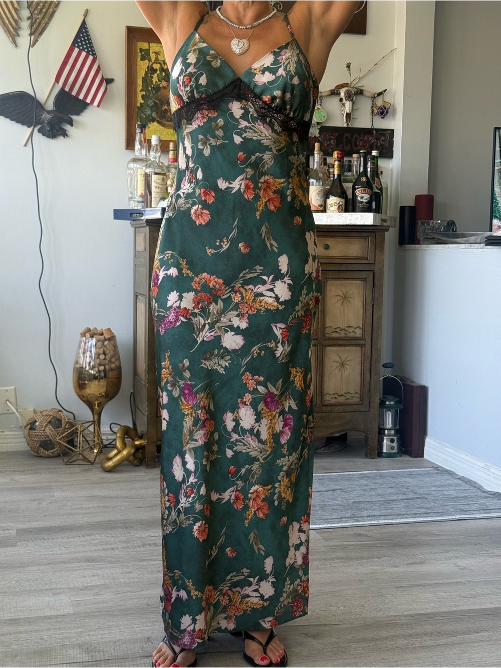 Green Floral Lace-Trim Slip Dress